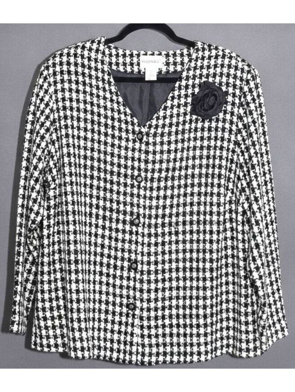 Fashion Bug Black White Houndstooth Tweed Collarless Blazer Rosette Pin 22/24